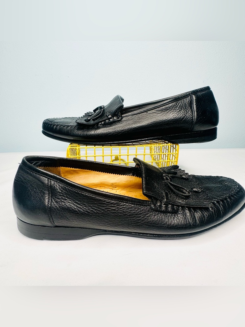 Santoni Black Leather Kiltie Tassel Slip-On Loafers